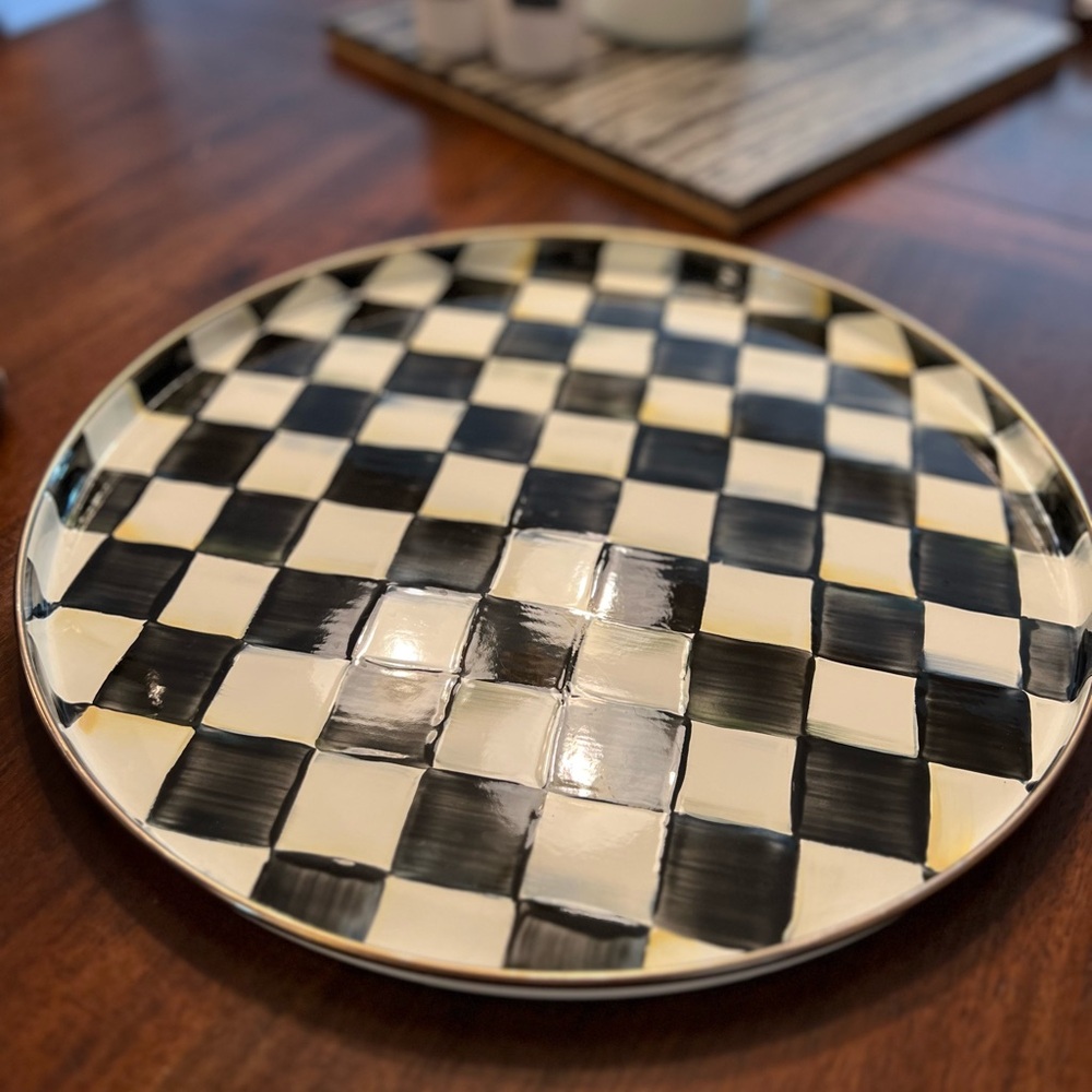 MacKenzie Childs Courtly Check Round Enamel Tray, Like New, 14.5 inches Round